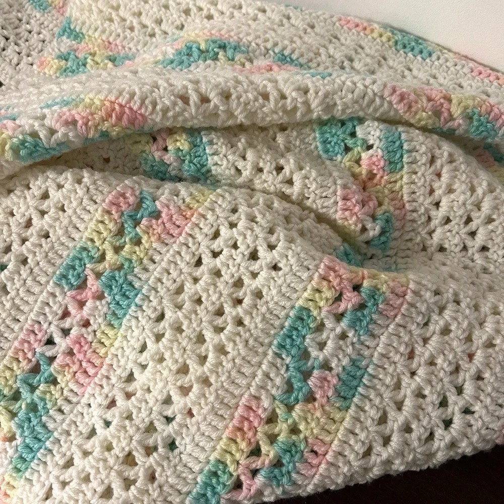 Baby Afghan Blanket Crochet White Pink Green 50 x 36 Handmade Nursery Lap Quilt